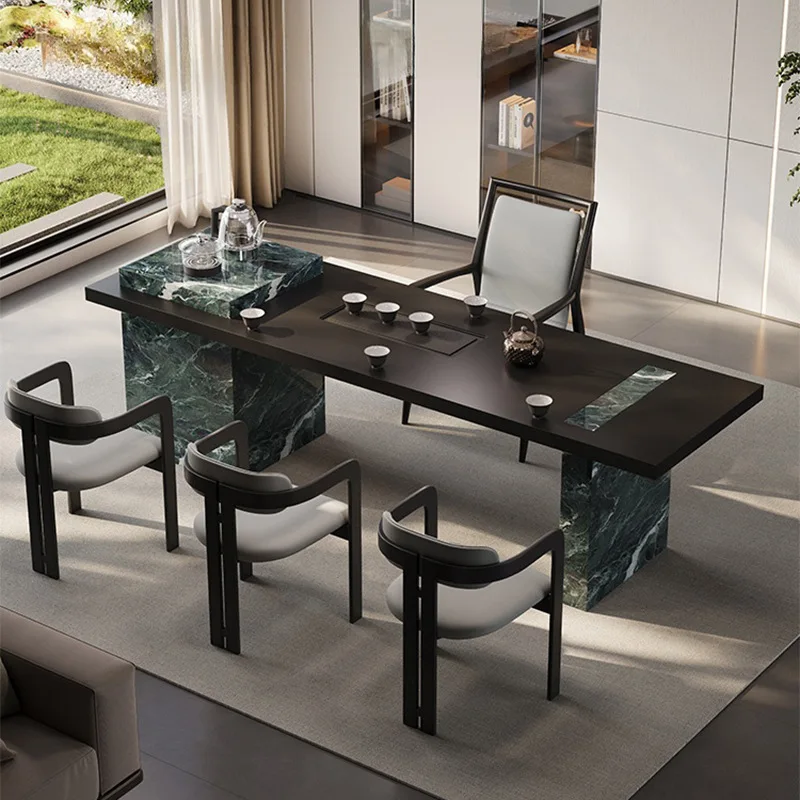 Medieval style modern simple tea table and chair combination villa balcony guest reception designer high-end rock slab large tea