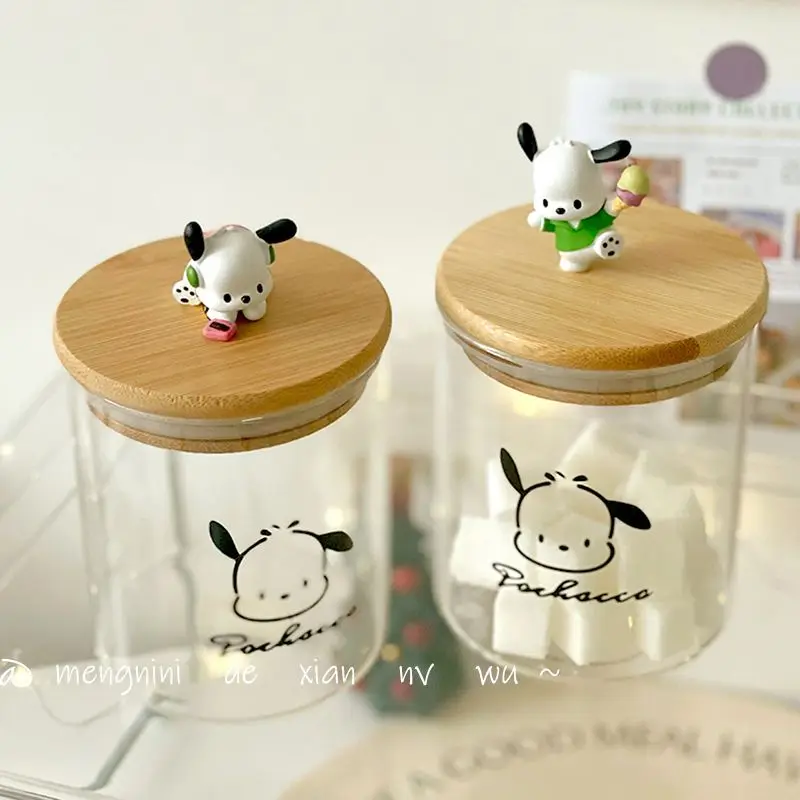 Sanrio Food Glass Jar Anime Pochacco Candy Cookies Airtight Storage Tank Cork with Cover Portable Storage Kitchen Food Cute