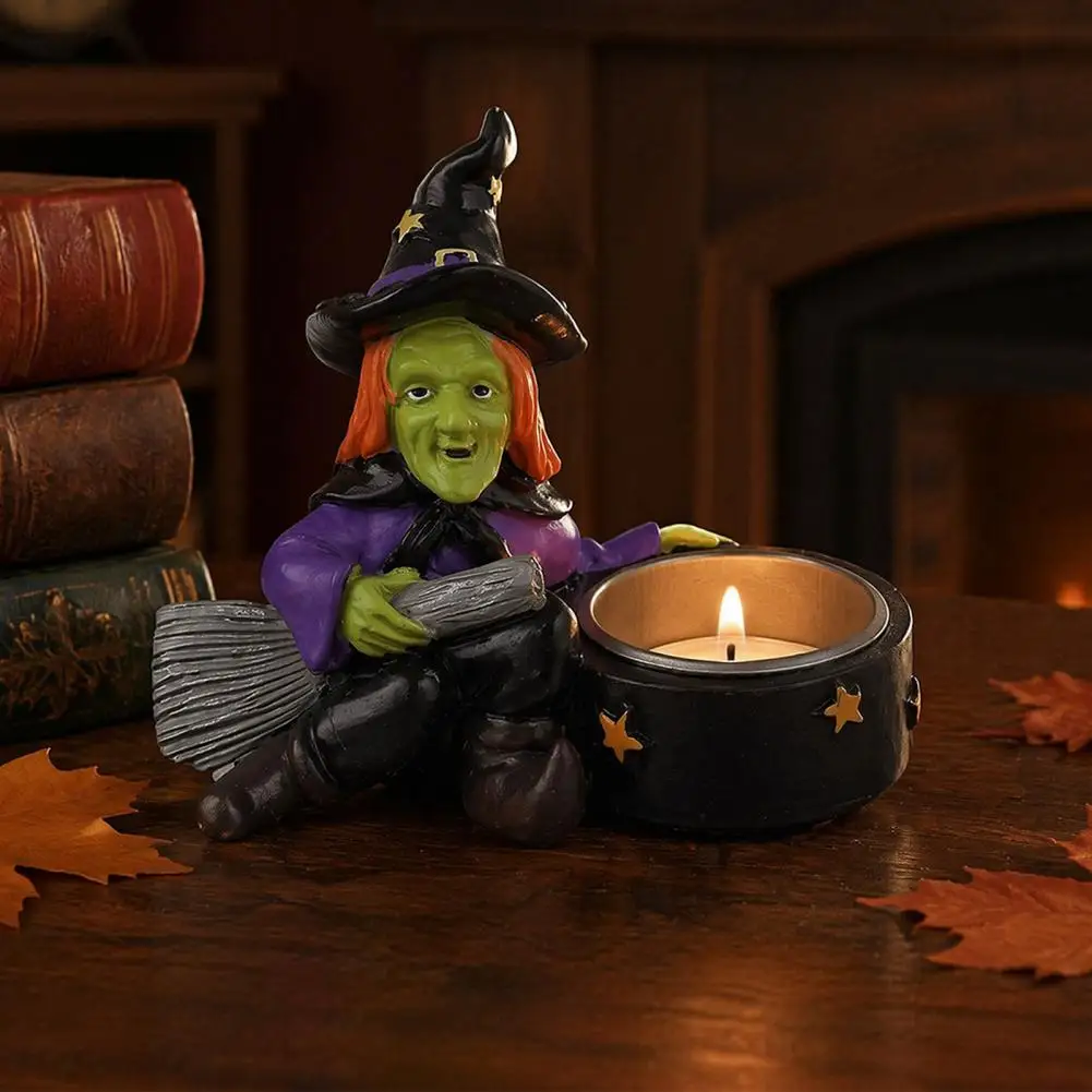 Witch Candle Ornament Anti-scalding Metal Liner Candle Holder Halloween Witch Skull Resin Candle Holder Spooky Star for Haunted
