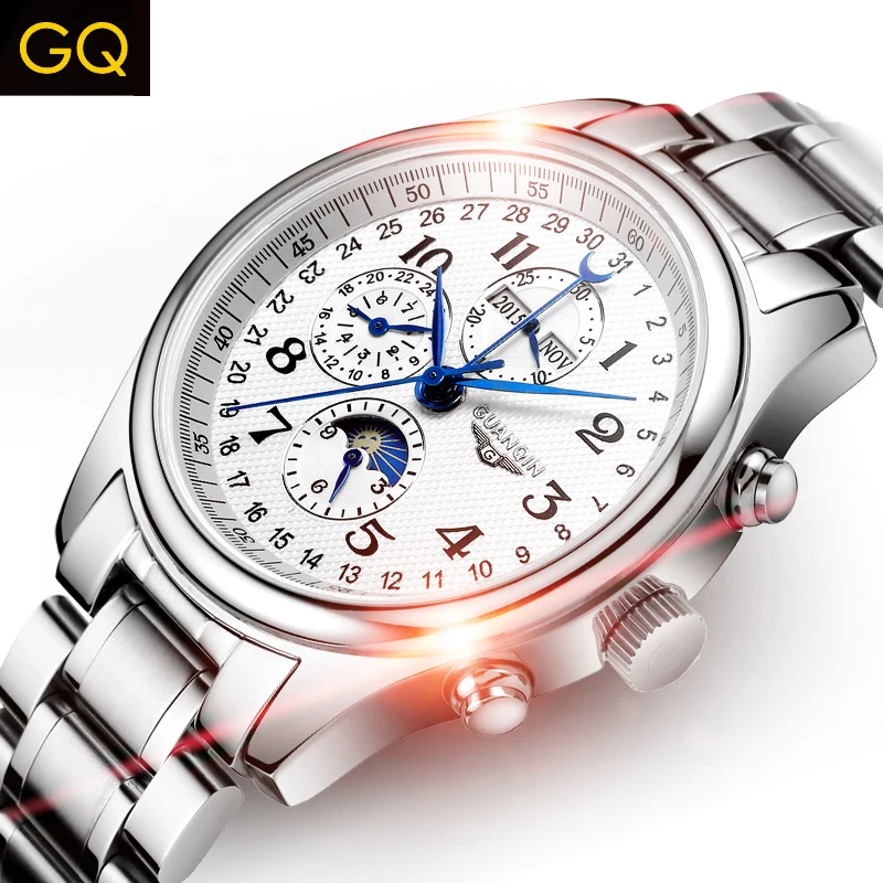 GUANQIN Multifunctional Mechanical Automation Men watches Stainless steel Waterproof Moon Phase Watch Sapphire mirror Wristwatch