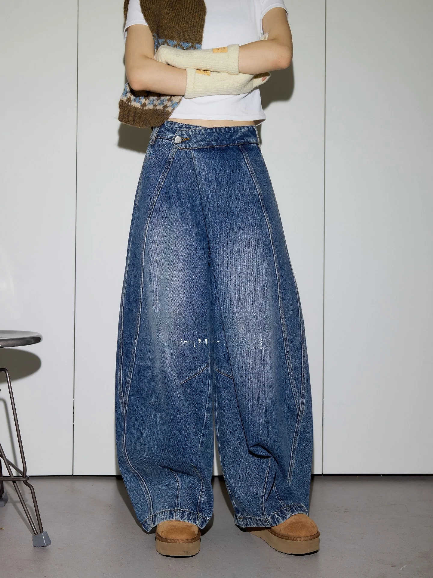 

Street Sle High Waist Wide Leg Jeans Two Tone Denim Faded Wa Zipper Fly Casual Comfortable Cotton Blend Resistant to Defo...
