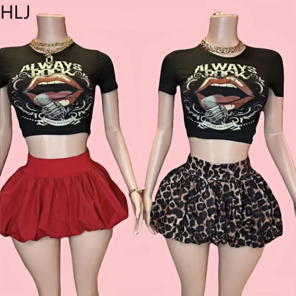 HLJ Y2K Leopard Print Puffy Mini Skirts Two Piece Sets Women O Neck Short Sleeve Crop Top And Skirts Outfits Fashion Streetwear