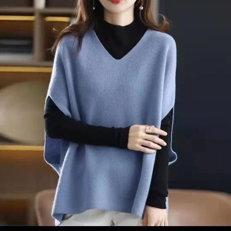 

Women Solid Colors V-Neck Batwing Sleeve Knit Vest Loose Casual Shawl Spring Autumn Warm Simple Knit Sweater Vest Chic New Shawl