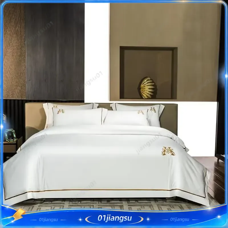 160 Thread Count Long Staple Cotton Satin Embroidery Bedding Set 4 Piece Luxury Wide Edge Quilt Cover Sheet Pillowcase Home