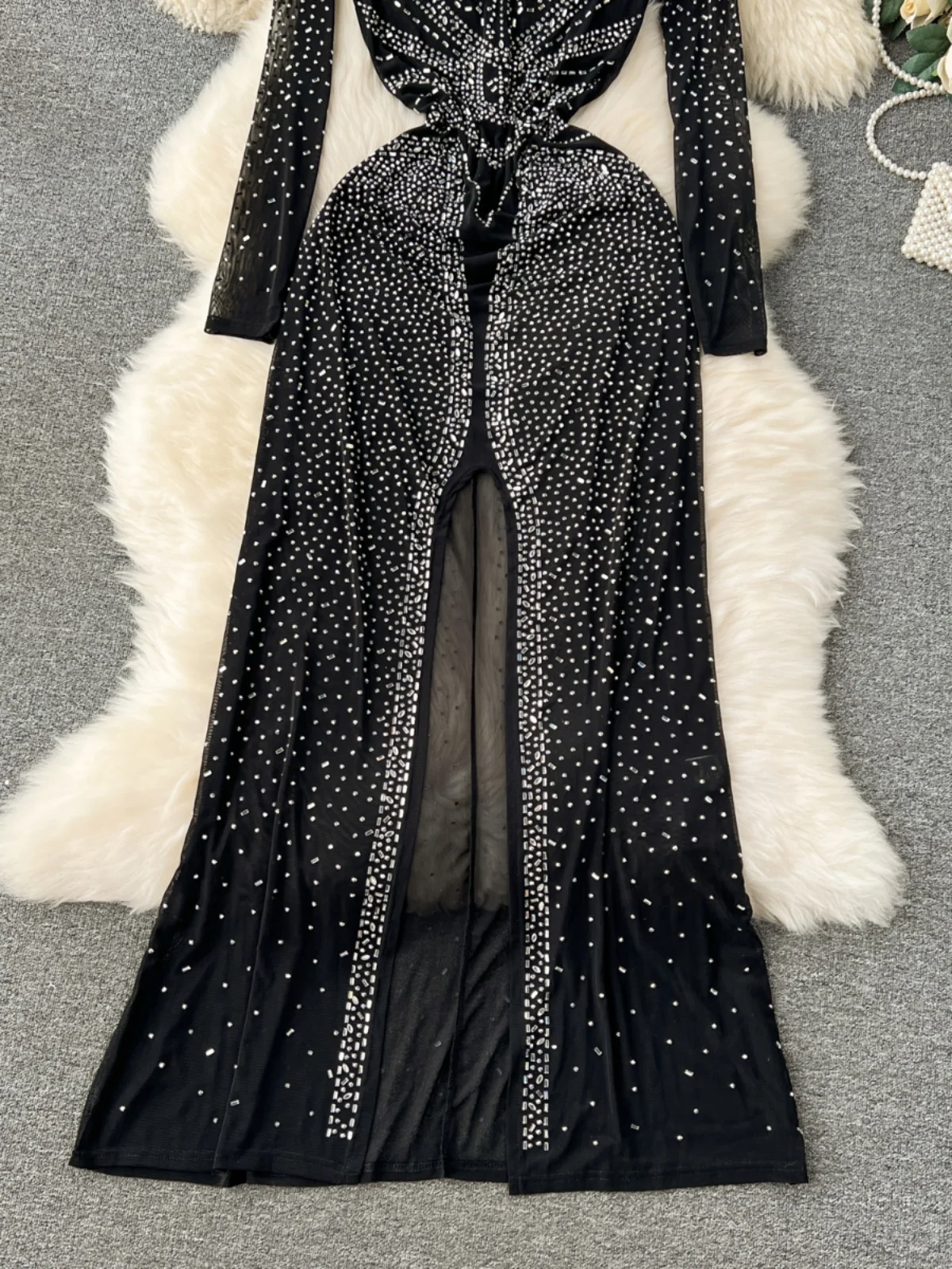 Neploe Elegant Advanced Europe Exquisite Dress Rhinestone Slim Vent Mid-length Ruched Robe Shiny High Waist Vintage Vestidos