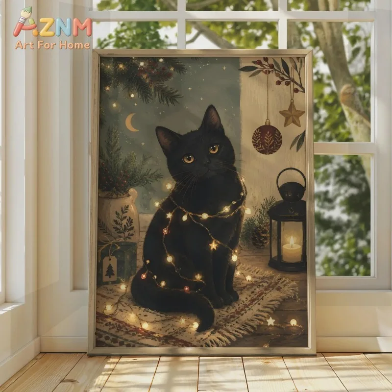 Vintage Black Cat Christmas Canvas Wall Art Black Cat Moon Candle Lantern Winter Xmas Holiday Wall Print Unframed Canvas Poster