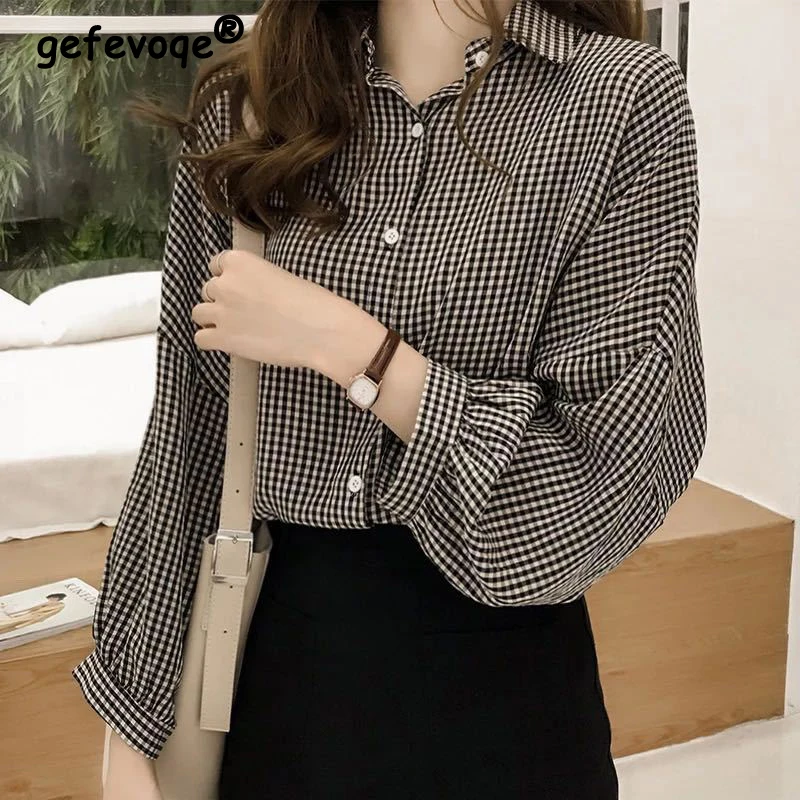 2023 Spring Autumn Women\'s Korean BF Style Oversize Streetwear Lantern Sleeve Plaid Button Up Shirt Simple All Match Blouse Top