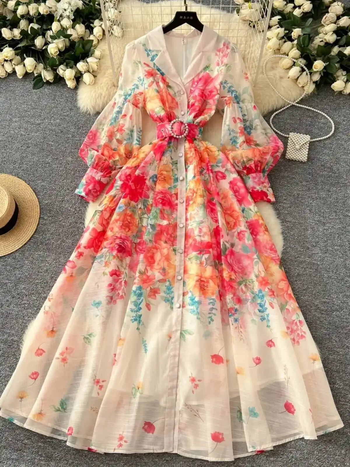 Palace ดอกไม้ Maxi ชุดผู้หญิงฤดูร้อน Holiday ชุดยาวเสื้อ 2025 ฤดูใบไม้ผลิแขนยาวเดี่ยวไข่มุกปาร์ตี้ Vestidos