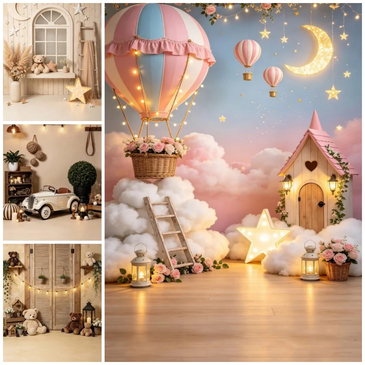 Hot Air Balloon Cloud Photography Backdrop Glowing Moon Star Pink Floral Background Dreamy Baby Shower Kids Birthday Portrait