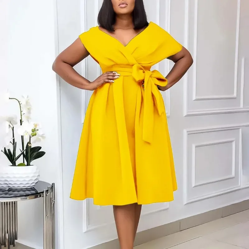 فستان أفريقي موضة صيف 2025 بأكمام قصيرة ورقبة على شكل حرف v من البوليستر فستان ميدي فساتين أنقرة Dashiki فساتين أفريقية للنساء #5