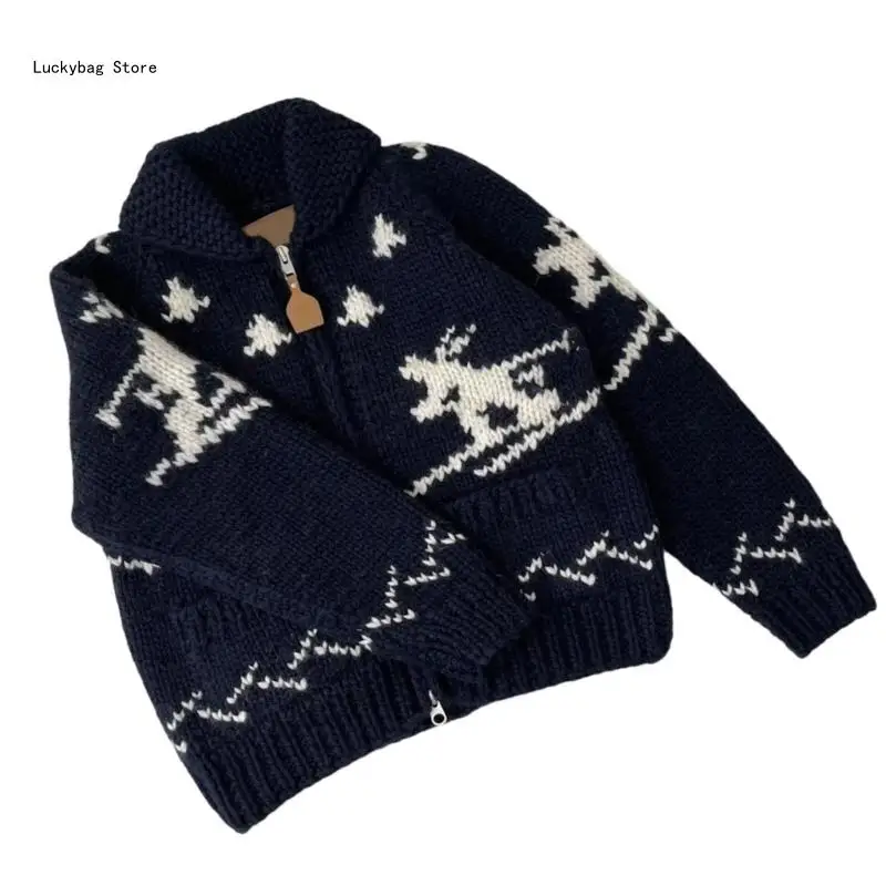 Women Reindeer Knitwear Holiday Christmas Long Sleeve Up Sweater Cardigan