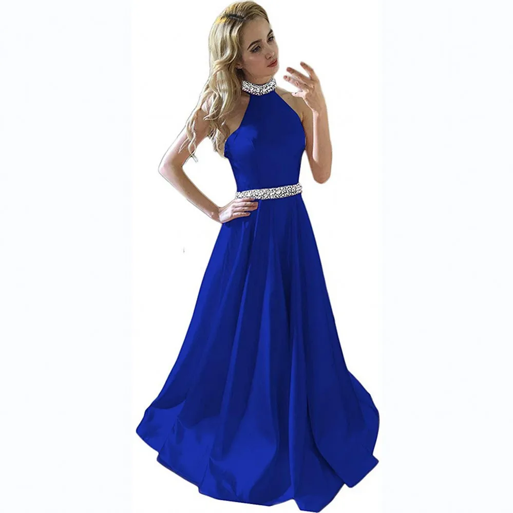 

2022 A-Line Royal Blue Formal Evening Dress Halter Open Back Beading Satin Prom Party Gown Robes De Soirée Vestidos Feast