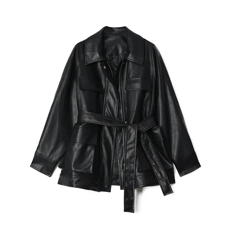 Mid-length Loose Vintage Black Big Pocket Faux Leather Coat With Belt Spring Autumn 2025 Women Casual Biker Jacket Veste Femme
