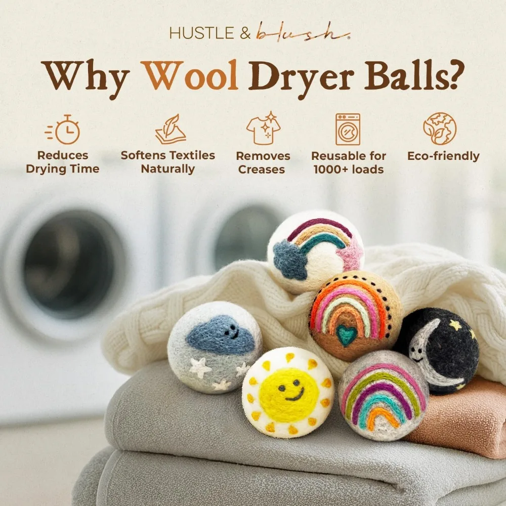 XL Wool Dryer Balls 6 Pack - Rainbow - Reduces Drying Time, Static Control, Chemical Free, Reusable 1000+ Loads