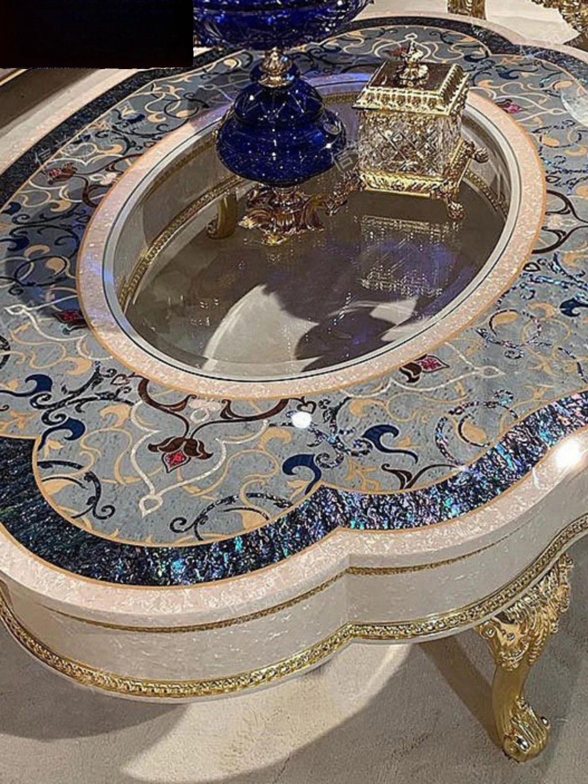 French solid wood color shell parquet oval tea table luxury European style court coffee table villa living room home tea table