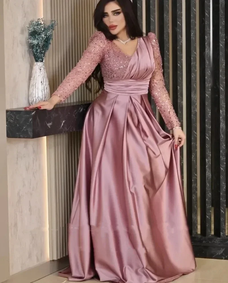 

Pink Satin Sequin Evening Dresses Elegant V-Neck A-Line Long Sleeves Arabic Backless Prom Wedding Party Gown Vestidos De Gala