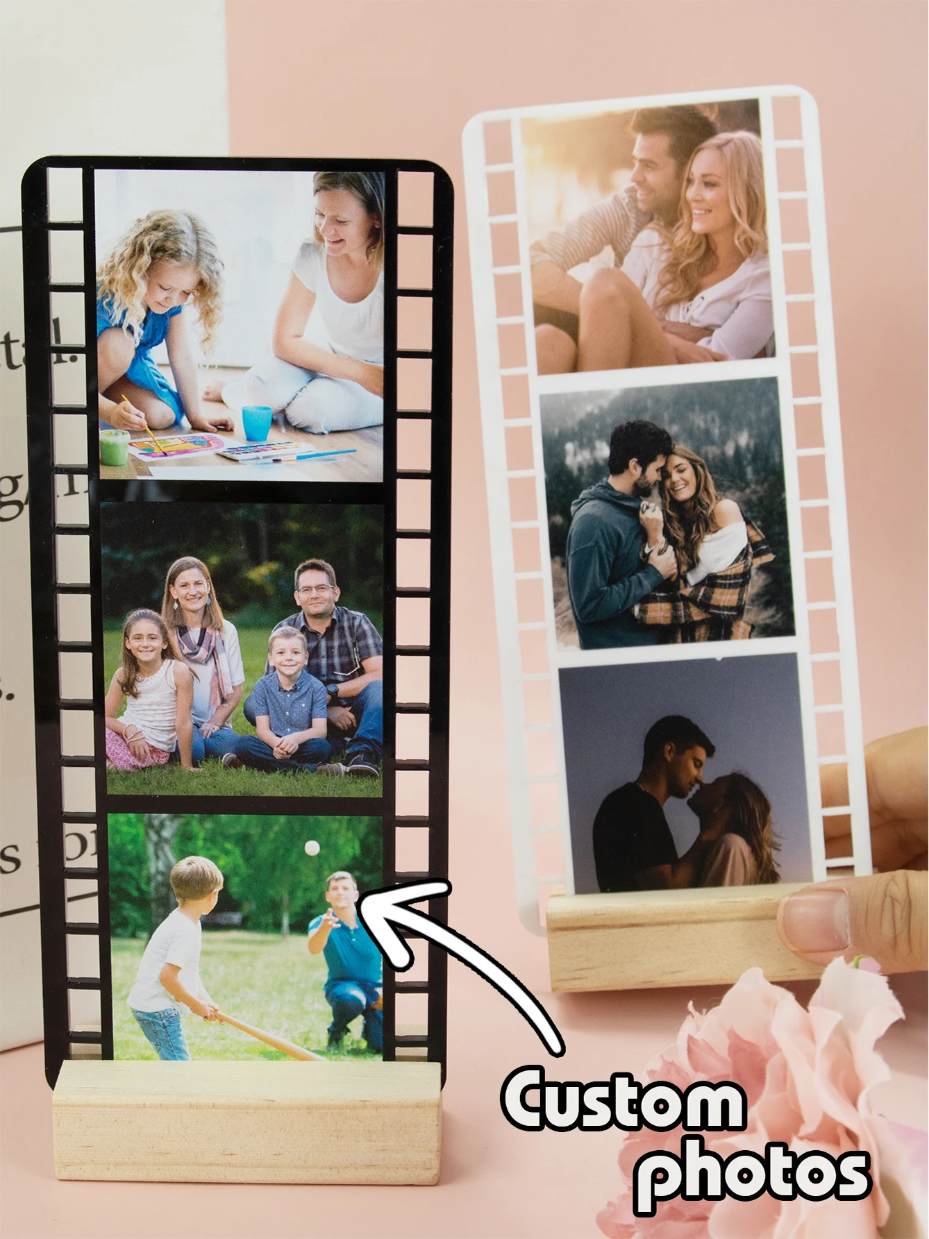 Benutzerdefinierte Acryl-Fotoalbum-Ornament, personalisierter Foto-Display-Ständer mit Holzsockel, Desktop-Fotodisplay,