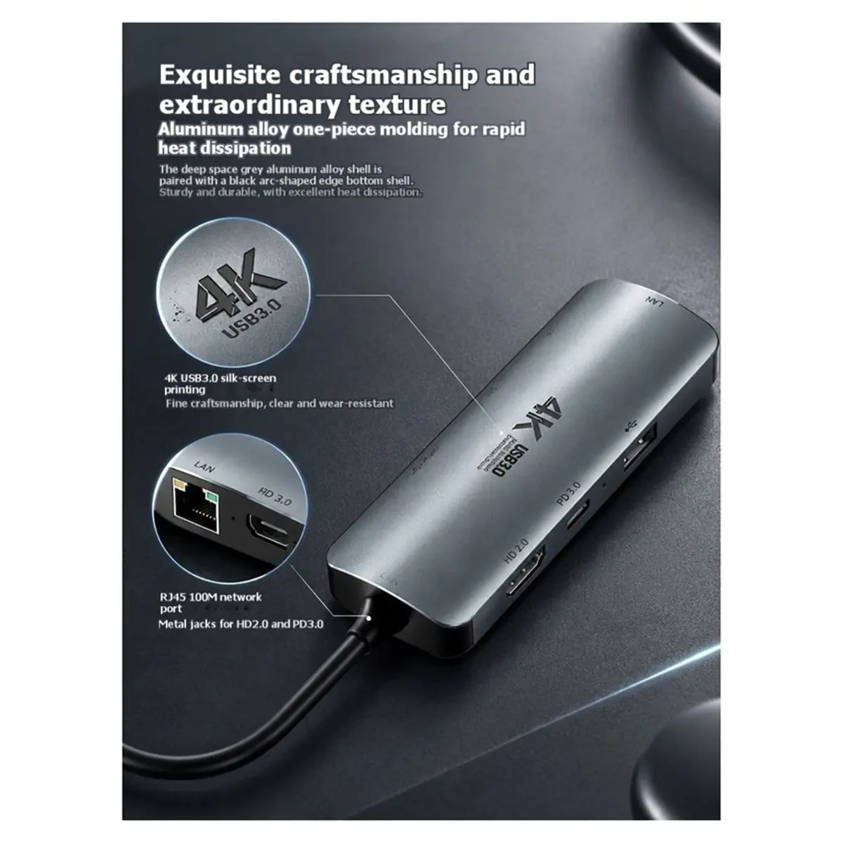 TYPE-C Docking Station, USB-C to USB 3.0 Four-Port 4K Screen Projection, 100Mbps Ethernet, PD Fast Charging