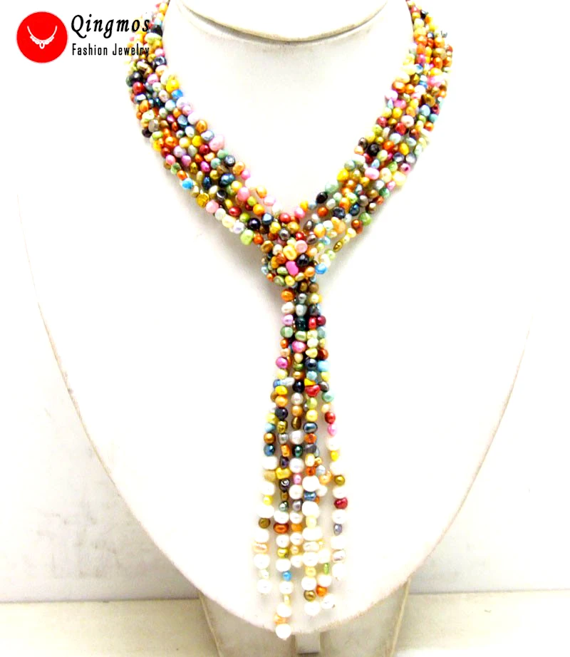

Qingmos 4-5mm Baroque Natural Multicolor Pearl Necklace for Women Jewelry Sweater Necklace 3 Strands Long Necklace 45" n6442
