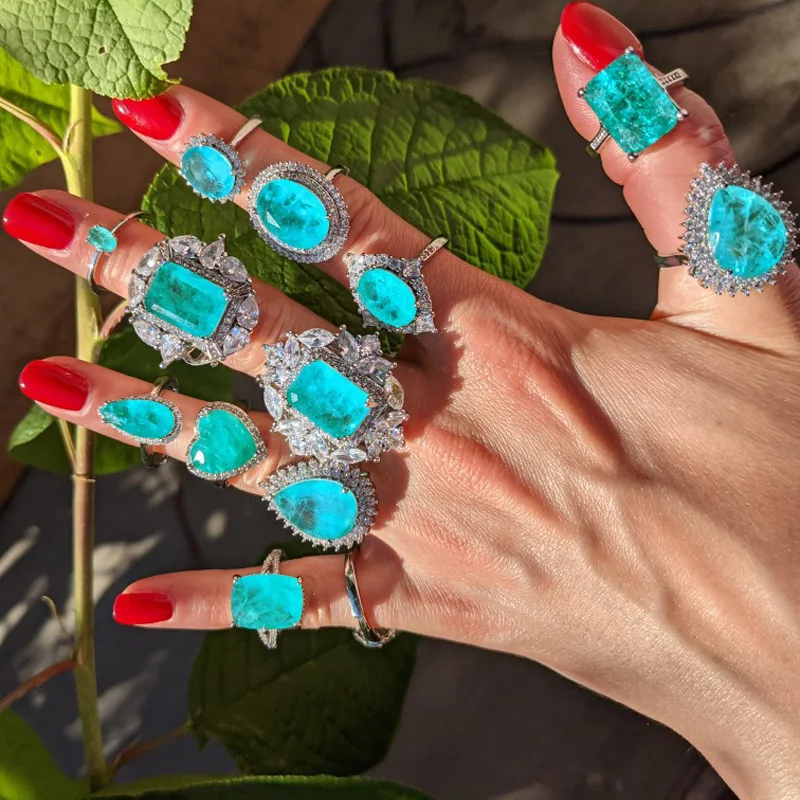 Luxury Geometric Shapes Paraiba Tourmaline Gemstone Silver Color Women\'s Ring Temperament Ladies Trendy Vintage Jewelry