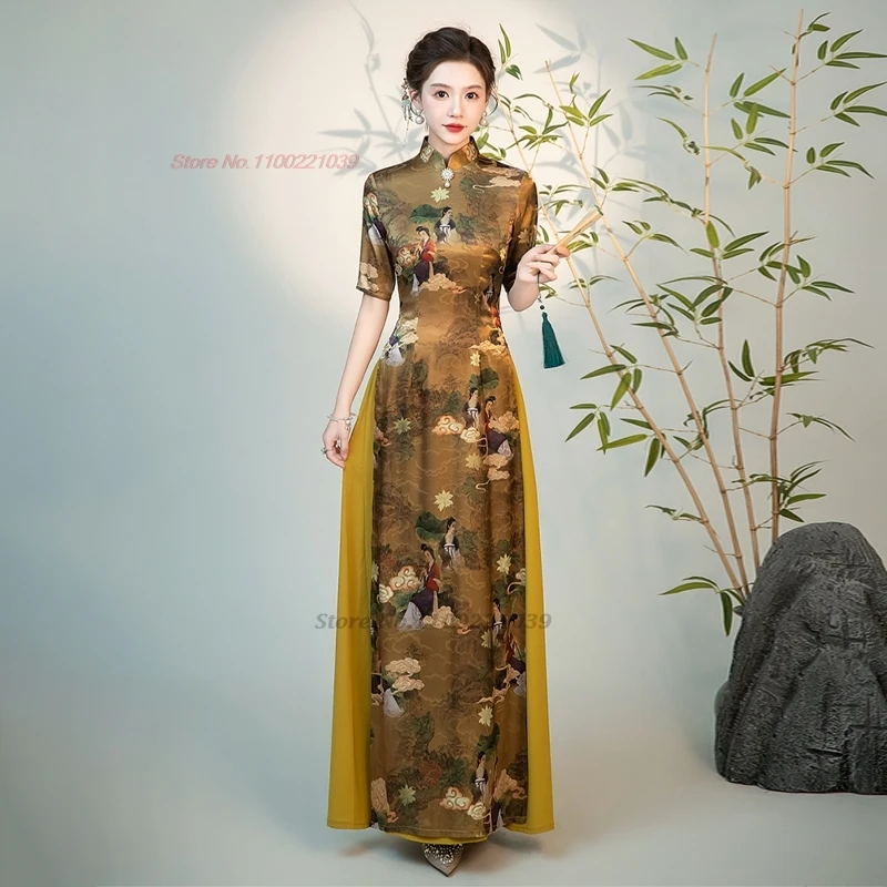 2025 vietnam traditional aodai dress chinese improved qipao national crane print cheongsam dress banquet evening qipao dress