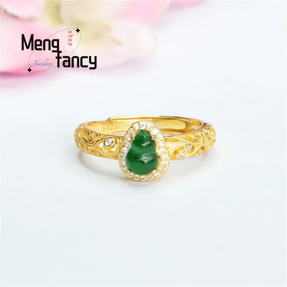 S925 Silver Lnlaid Natural Jadeite Ice Type Imperial Green Finger Ring Gourd Exquisite Elegant Simple High-grade Fashion Jewelry