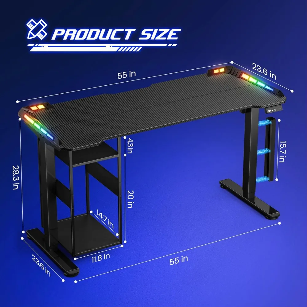 Illuminated Adjustable Desk with Music-Synced LED, 55 x 24 Smart Gaming Desk with Cable Management