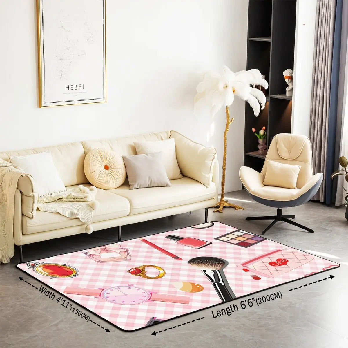Cosmetics Theme Cartoon Lipstick Eye Shadow Ring Living Room Rugs for Adult,Pink White Geometric Stripe Grid Non Slip Washable