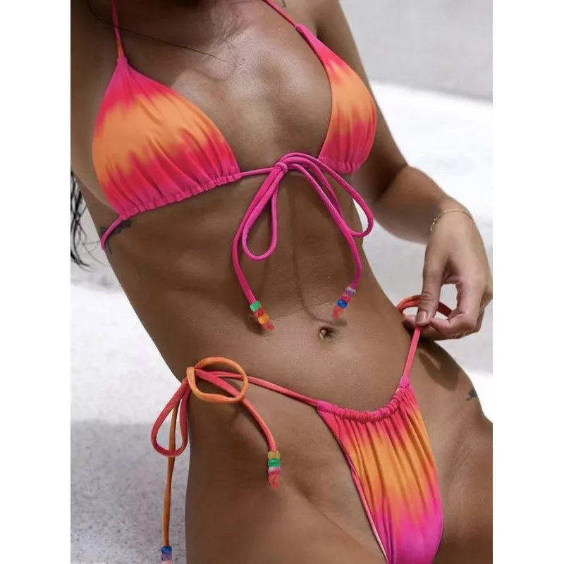 New Soft Bag Custom Printed Thin Strap Halter Front Tie Backless Beach Women's Party Bikini Set