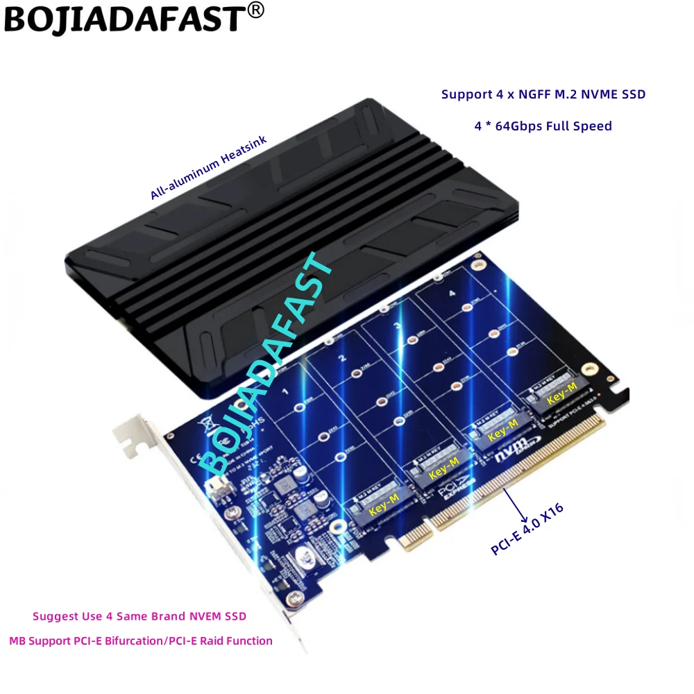 PCI-E 4.0 16X PCIe 3.0 X16 To 4 x NGFF M.2 2280 M2 NVME SSD Adapter Expansion Card with Aluminium Heatsink