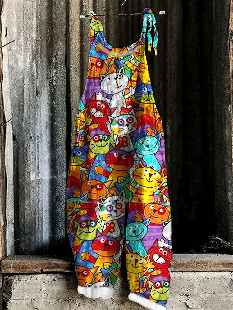 2025 New Spring And Summer Halter Jumpsuit Women's Fun Cat Print Pullover Halter Pants Casual Loose High Waist Jumpsuit