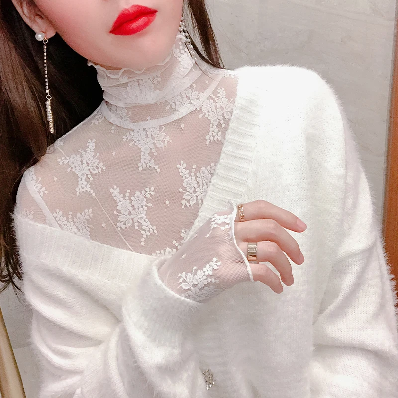 

Белая кружевная базовая кофта с высоким воротником и длинными рукавами для женщин, модный сексуальный топ для осени и зимы, внутренняя одежда под свитер