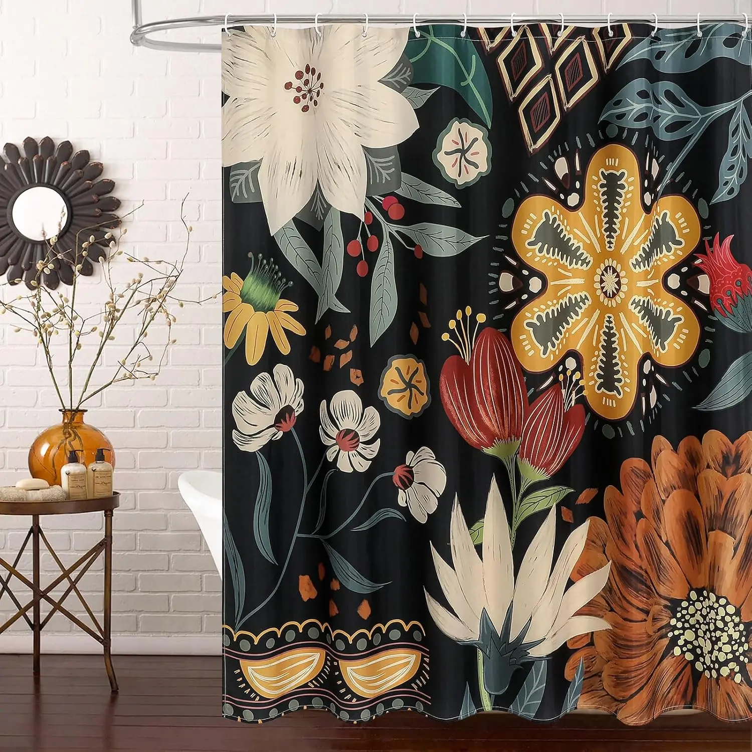 Boho Blumen-Duschvorhang, Frühlings-Tropenblätter Stoff-Duschvorhänge für Schicke Elegante Badezimmerdekoration, Moderner Landhausstil
