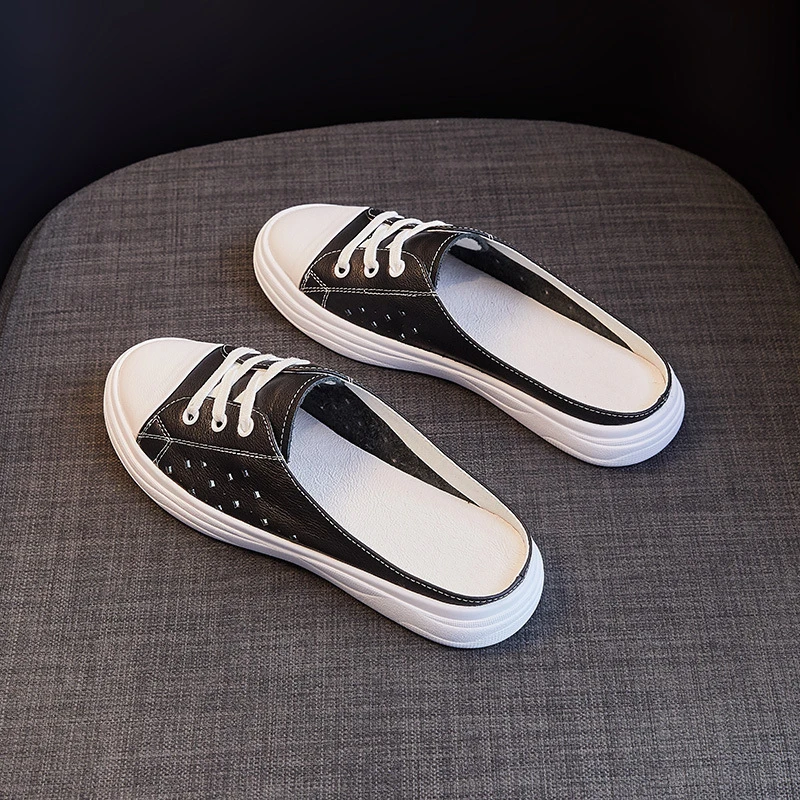 

Breathable Perforated Genuine Leather Backless Mule Sneakers For Women 2026 Summer New Slip On No Tie Elastic Lace Round Toe