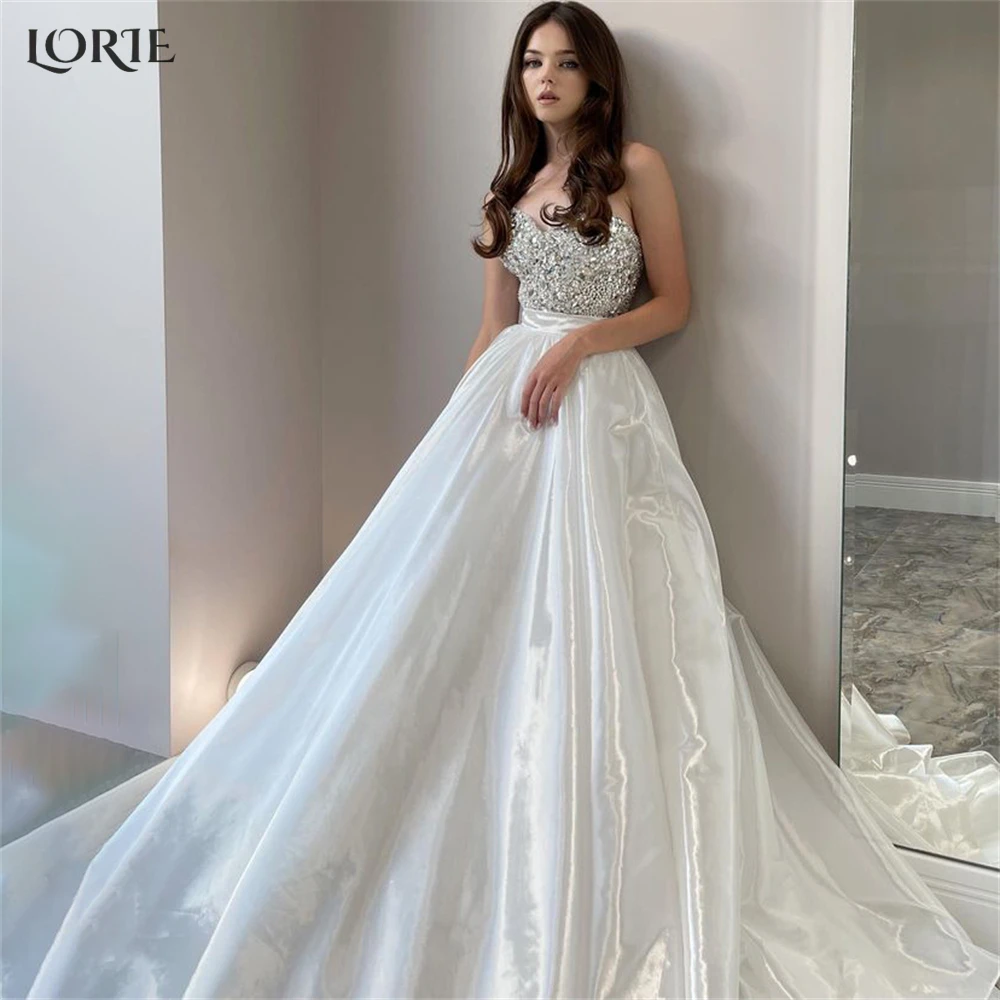 

LORIE Elegant Glitter Wedding Dresses Sparkly Sweetheart Off Shoulder A-Line Satin Brial Gowns Backless Princess Bride Dress