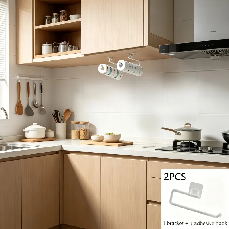 2-Pack, No Drilling Required 180 ° Wall-Mounted Kitchen Paper Towel Holder Made of Pp Material, Self-Adhesive Paper Towel Holder with Adjustable Arm for Easy Access, Suitable for Bathroom and Kitchen Organization, Modern Wall Rack with Adjustable Arm Design Paper Towel Holder.