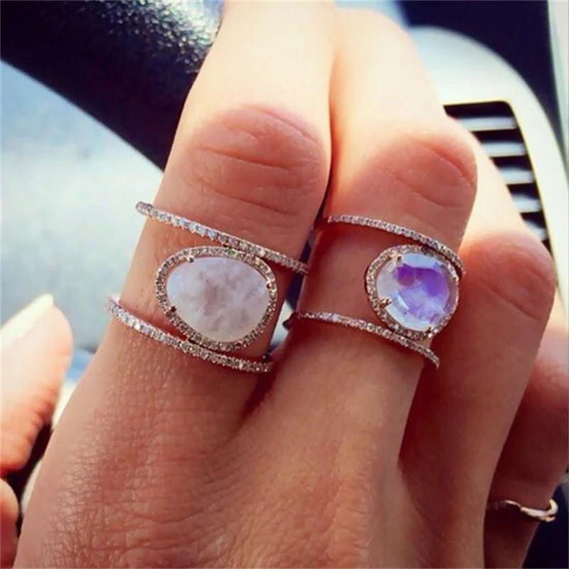 European and American Hot Moonstone Geometric Ring for Women 2024 New Stainless Steel Crystal Ring for Girls Jewelry Accessories