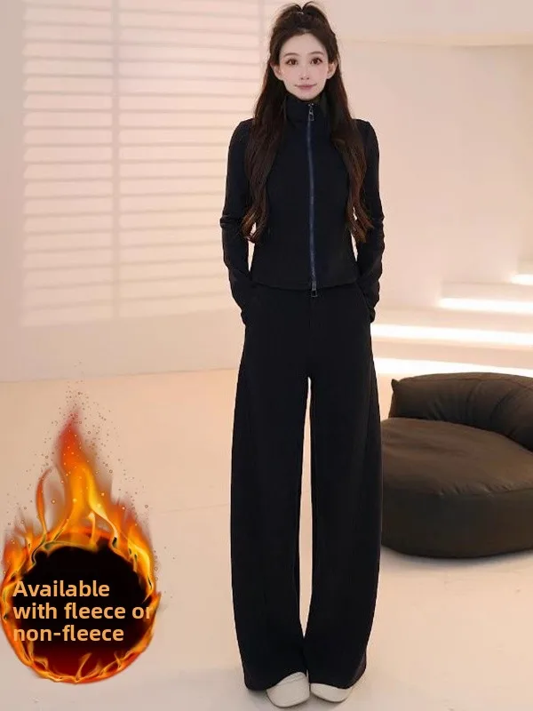 

Slim Fit Sportswear Set for Women in Black Casual Long Sleeve Top And Wide Leg Pants Two Piece Suit High Waist Cotton Blend