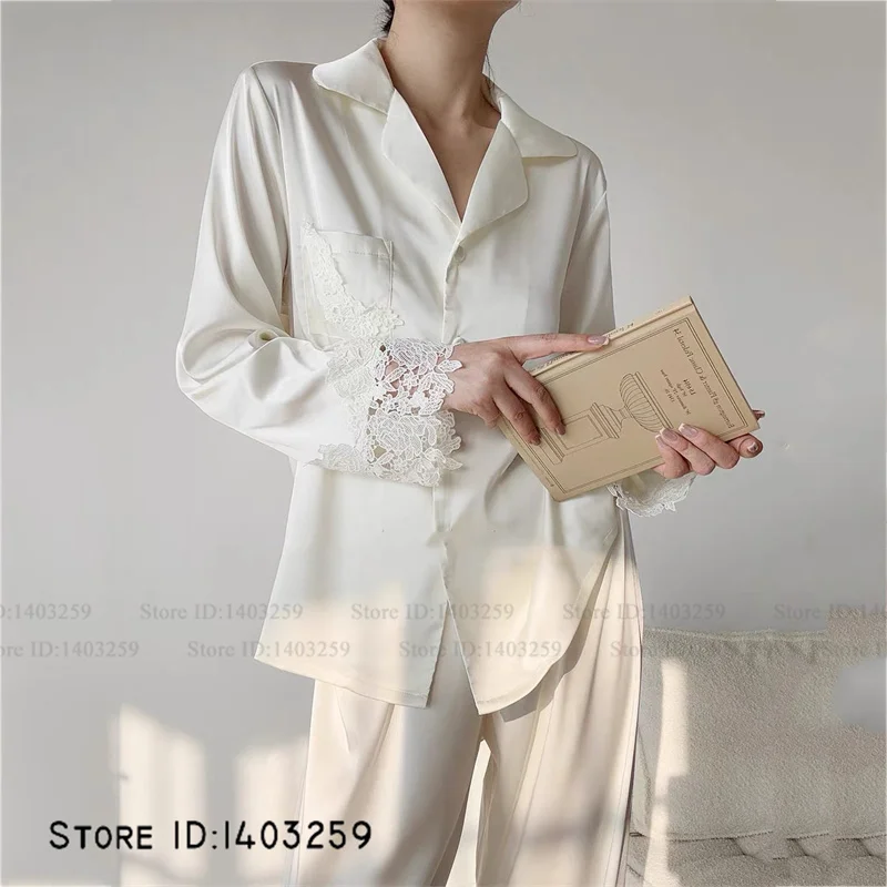 Elegant White Lace Pajamas 2Pcs Set Silky Satin Women's Sleepwear Long Sleeve Trouser Pijamas Suit Spring Autumn New Homewear