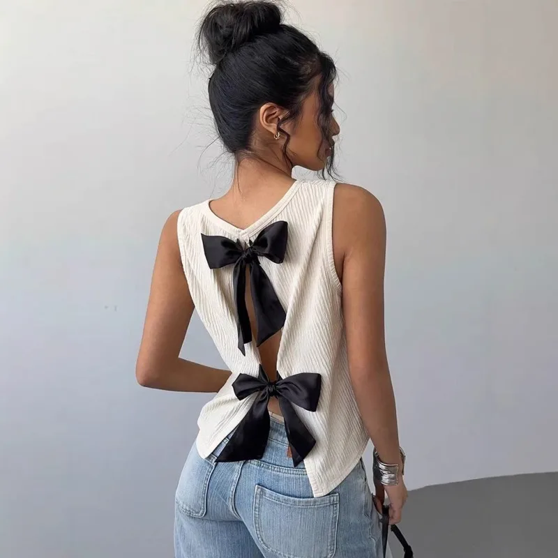 

Tsiisd Summer Bow Tie Tank Top Female Contrast Backless Casual Patchwork Loose Streetwear Cropped Y2k Top Women Vest Tank Top