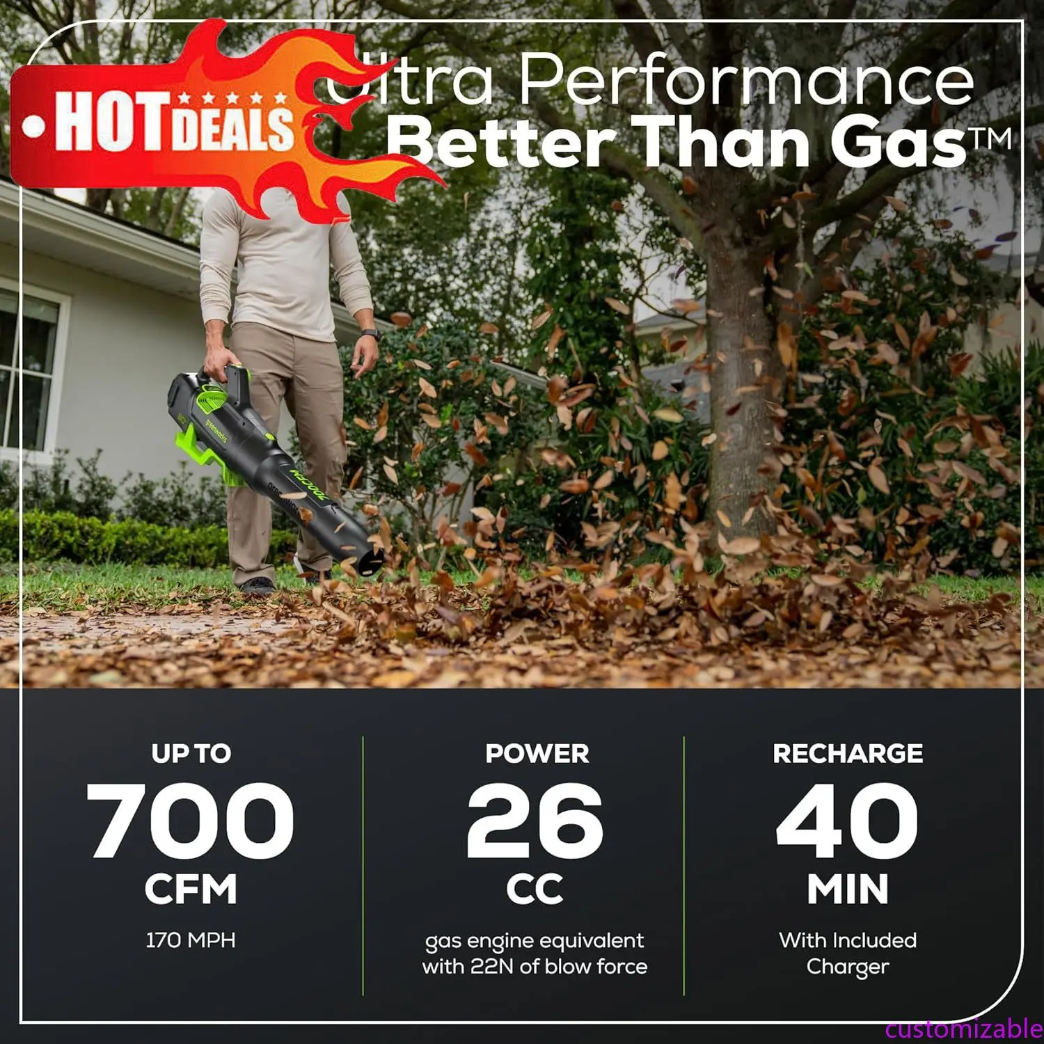 

Customizable 80V Brushless Cordless Leaf Blower,for Wet Leaves, Heavy Debris, Gravel And Driveway Snow, Includes 2.5Ah Battery &