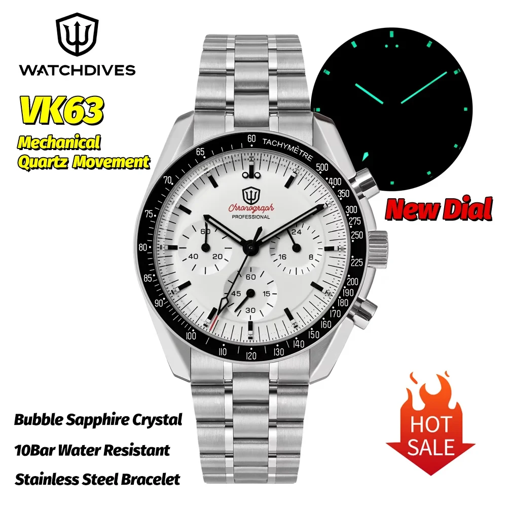 

Watchdives WD1863 Спортивные часы с хронографом VK63 Механические кварцевые часы с пузырьковым сапфировым зеркалом Водонепроницаемые мужские часы 100 м