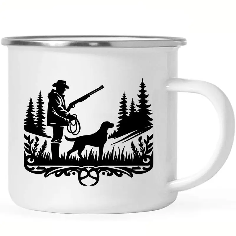 

Metal Enamel Cup Hunter and Dog Forest Hunting Scene Hunting Season Gift Camping Coffee Cup Gift Outdoor Bonfire Campsite Cup