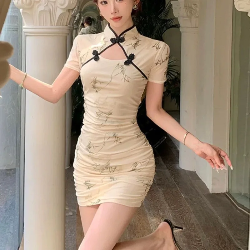 2026 Summer Chinese New Girl Retro French Chinese Improved Hollow Sexy Improved Version Qipao Short Printed Dress