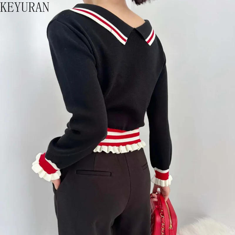 2024 Autumn Winter Sailor Collar Ruffles Pullover Sweater Women Korean Style Slim Long Sleeve Knitted Crop Tops Y2k Mujer Jumper