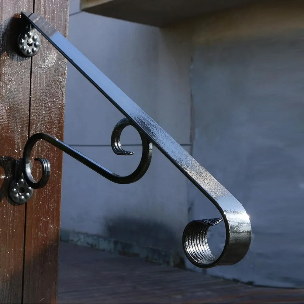 درابزين الشرفة المصنوعة من الحديد المطاوع لخطوات 1-2 - درابزين سلالم سوداء مع دعم واحد، مثالي للمدخلات الخارجية وآمن #2