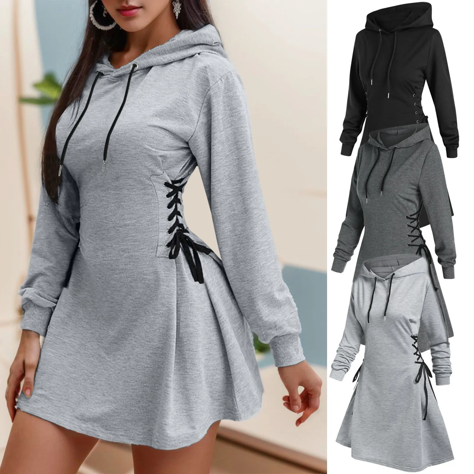 Women Tie Waist Mini Dress Hoodies V Neck Long Sleeves Slim Fit Hoodies Sweatshirts Ladies Fashion Long Solid Drawstring Hoodie