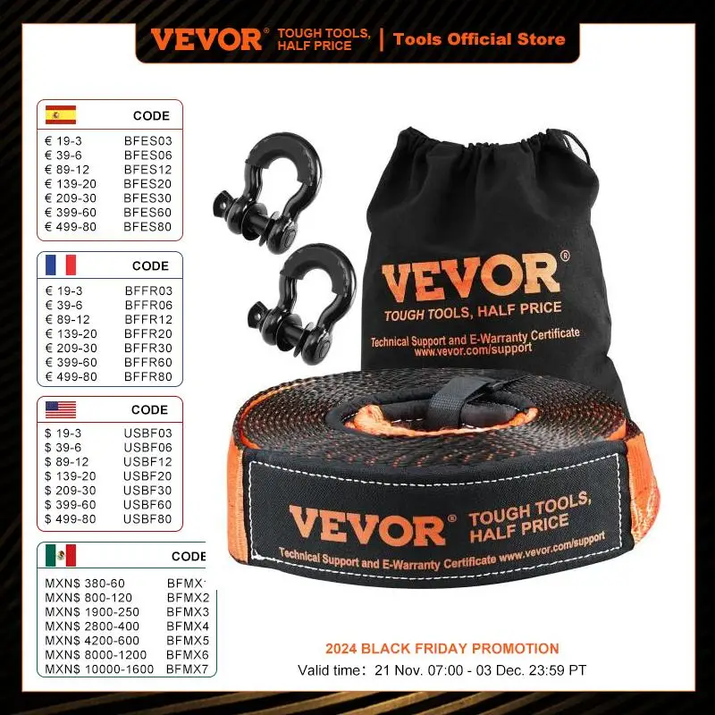 VEVOR Off-Road Winch Recovery Kit W/30,000 lbs Capacity Polyester Tow Strap 44,092 lbs D-Ring Shackles Storage Bag for ATV Jeep