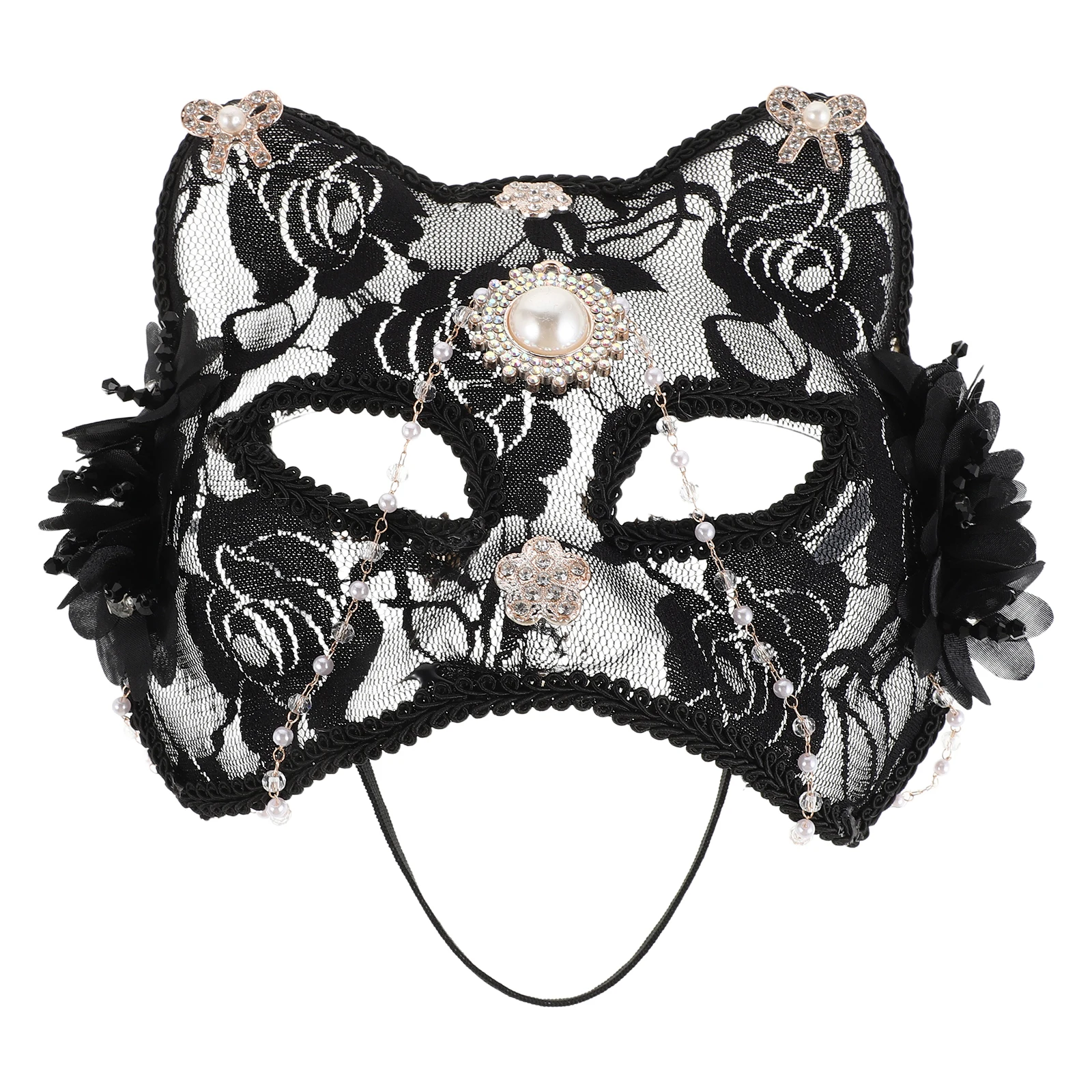 

Half Face Cat Mask Black Lace Rhinestone Tassel For Women Masquerade Costume Festival Halloween Mask Accessory