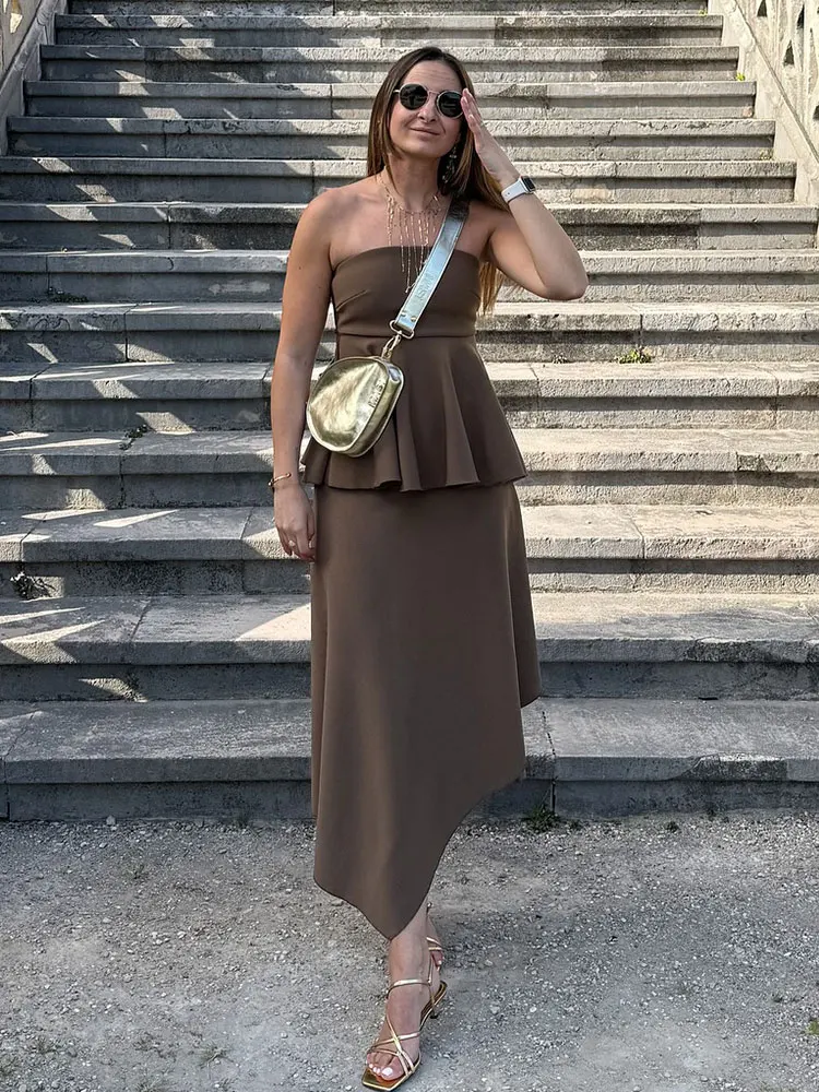 HH verão na moda terno marrom para mulheres sem mangas plissado costas com zíper tubo top + linha A assimétrica saia midi conjunto elegante